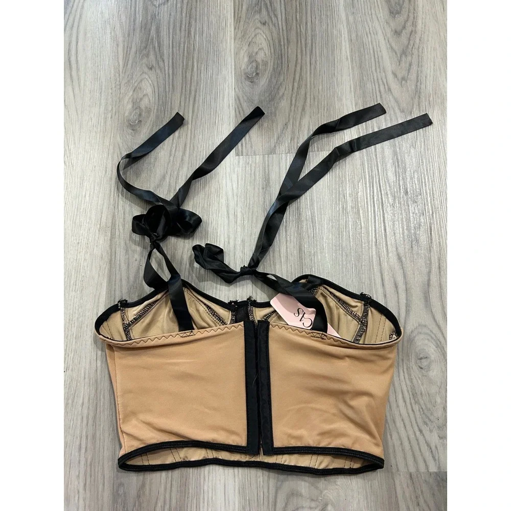 Micas Womens Contrast sexy Boning Mesh Corset Top M Tan Black Ribbon Straps